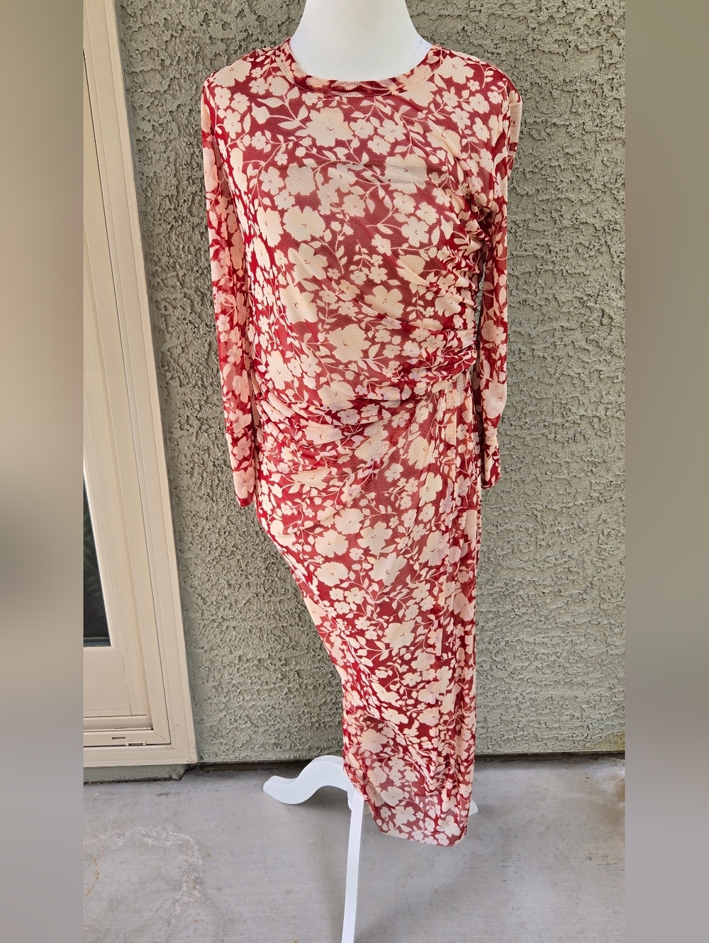 Floral Ruched Midi Dress - Red & Cream